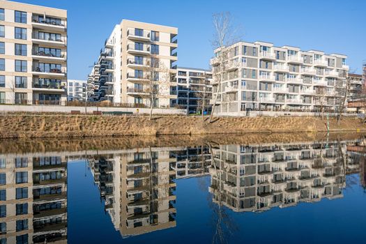 Modern apartment buildings at the waterfront seen in Berlin, Germany