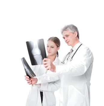 Woman doctor reviewing xrays with colleague.isolated on a white background.