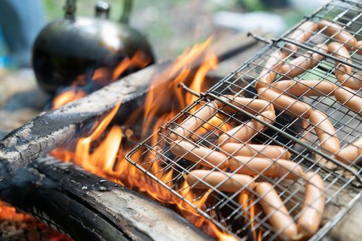 Teapot Sauasge Grilled Campfire On Nature Picnic Bonfire Preparing Food Forest Hiking