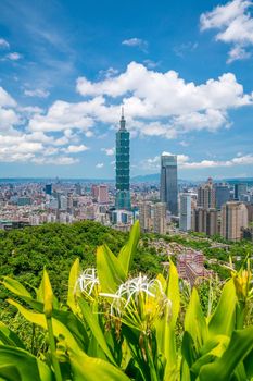 Skyline of downtown Taipei in Taiwan with blue sky