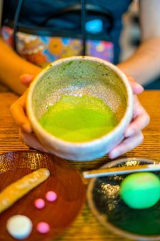 Traditional Kyoto style green tea in a japanese tea house