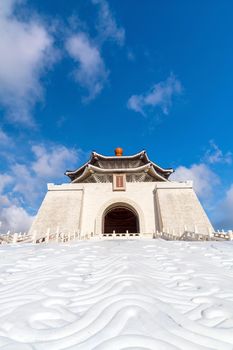 Chiang Kai-shek memorial in Taipei, Taiwan. Chinese characters on the walls represent Chiang Kai-shek’s political values of ethics, democracy and science.