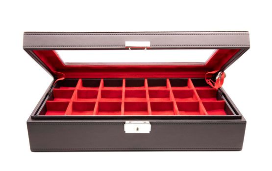 Opened leather box decorated inner with red velvet interior