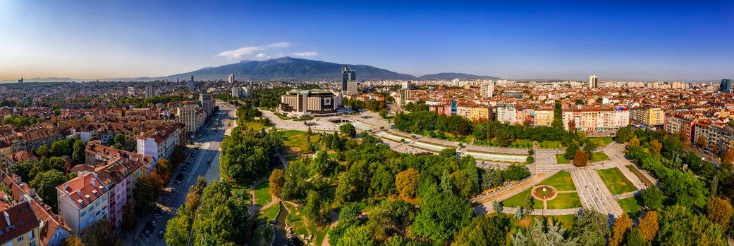 Sofia, Bulgaria - August 22, 2019: Amazing aerial panorama of the city center and National Palace of Culture in the city of Sofia,  capital of Bulgaria