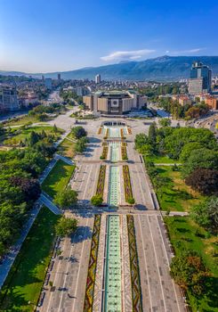 Sofia, Bulgaria - August 22, 2019: Amazing aerial view of National Palace of Culture in the city of Sofia,  capital of Bulgaria