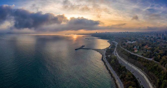 Stunning aerial view from drone of bay and coastline on the afternoon of Varna city, Bulgaria. High resolution