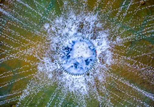 aerial top view of the fountain in the city. Drone photography
