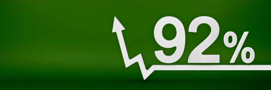 92 percent. The arrow on the graph points up. Rising prices, inflation, increase in income, increase in interest rates, taxes. 3d banner, ninety two percent sign discount on a green background