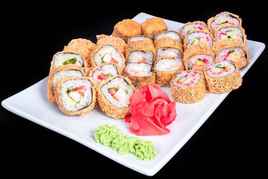 Japanese Cuisine - Sushi Roll with Shrimps and Conger, Avocado, Tobiko and Cheese. sushi rolls tempura,japanese food style