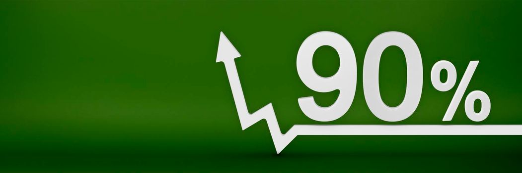 90 percent. The arrow on the graph points up. Rising prices, inflation, increase in income, increase in interest rates, taxes. 3d banner, ninety percent sign discount on a green background