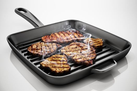 Grilled steaks in hot frying pan. 3D illustration.