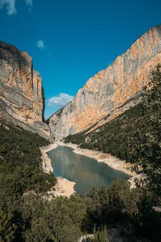 Beautiful landscape of gorge with river and forest. Congost de Mont Rebei, Catalonia, Spain