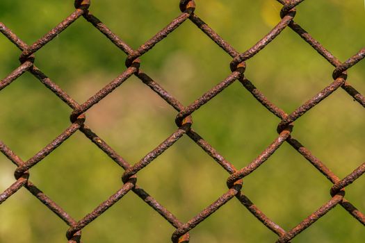 Rusted old metal fence weave close up, grass background