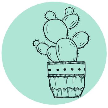 Black cactus in a pot on a green-blue background. Drawing in a digital editor by hand