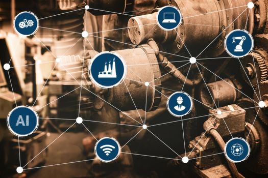 Industry 4.0 technology concept - Smart factory for fourth industrial revolution with icon graphic showing automation system by using robots and automated machinery controlled via internet network .