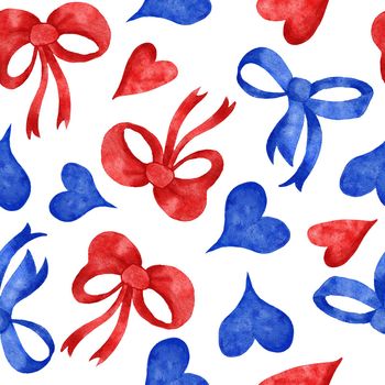 Watercolor hand drawn seamless patriotic american pattern with 4th of july balloons hearts hat flowers. Fourth of july Independence day US fabric print, blue red white background stars stripes