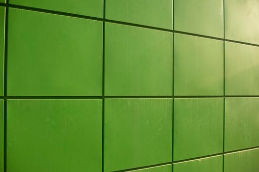 Green panels. Architecture details. Modern building. Store cladding. Rectangular panels of bright color.