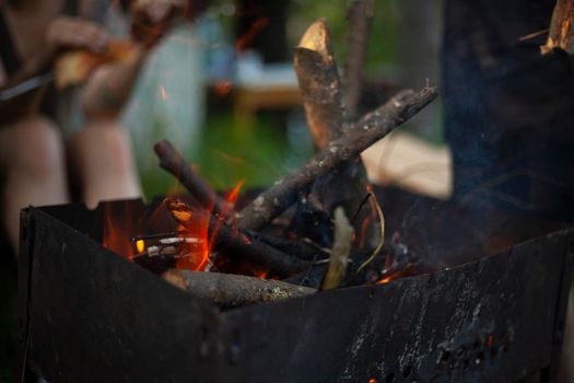 Dry branches burn. Picnic in nature. Coal preparation. Burning firewood.