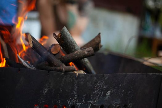 Dry branches burn. Picnic in nature. Coal preparation. Burning firewood.