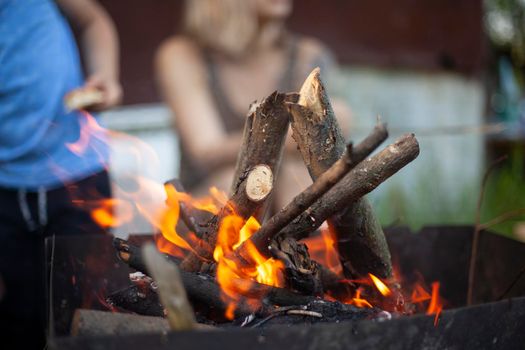 Branches burn in fire. Picnic details. Coal harvesting. Simple background of outdoor recreation. Tree burns against background of people. Family rests in forest.