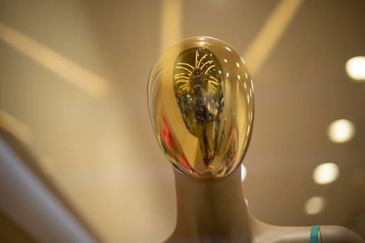 Golden mask on mannequin. Reflection in showcase.Figure of person. Face without details.