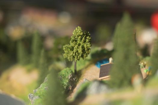 Small trees. Model of mountainous terrain and forests. Toy world. Miniature of mountain landscape in detail.