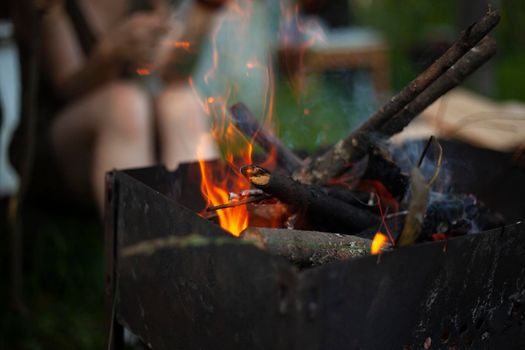 Dry branches burn. Picnic in nature. Coal preparation. Burning firewood.