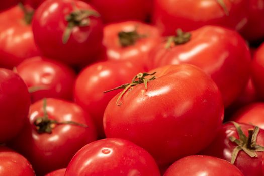 Tomato texture. Juicy fruits. Vegetables are red. Healthy food ripened in garden. Large tomatoes.