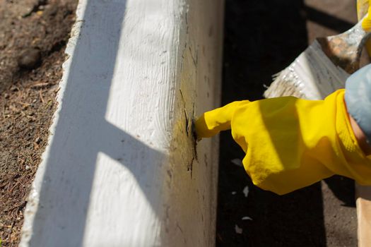 Painting borders with white paint. Applying oil paint to asphalt. Creation of markings for pedestrians. Paint brush. Work as a painter. Painting the surface with a thick layer of paint.