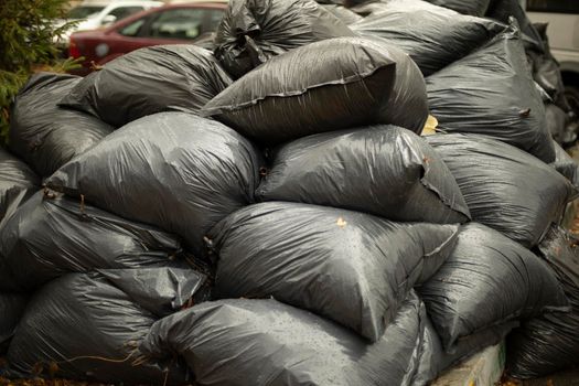 Garbage bags. Black waste bags. Garbage dump. Leaf harvesting.