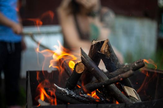 Dry branches burn. Picnic in nature. Coal preparation. Burning firewood.