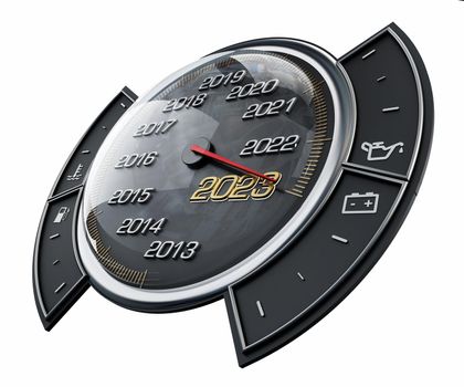 Speedometer needle pointing the year 2023. 3D illustration.