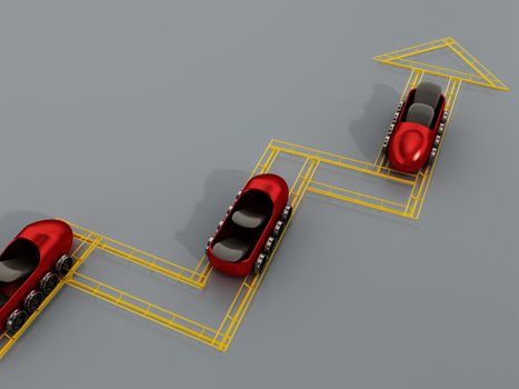 Roller coaster following a rising arrow shaped track. 3D illustration.