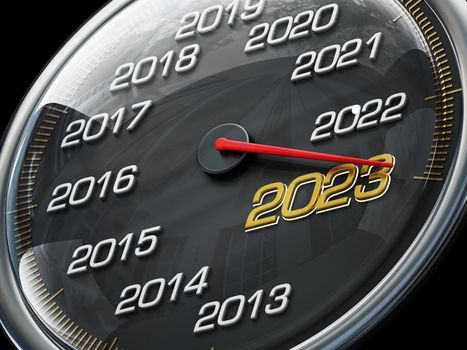 Speedometer needle pointing the year 2023. 3D illustration.