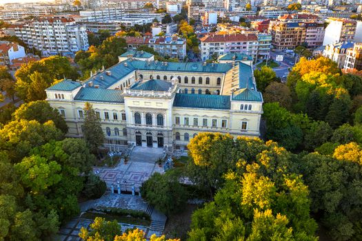 Varna, Bulgaria - October 14, 2019: Aerial view from drone of the building of the Archaeological Museum, Varna, Bulgar