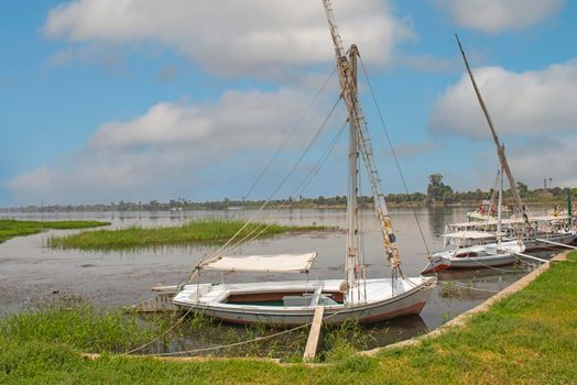 Traditional Egyptian felluca river sailing boats moored on the Nile bank