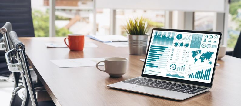 Business data dashboard analysis by ingenious computer software . Investment application display business sales and profit on the computer screen and advise marketing planning decision .