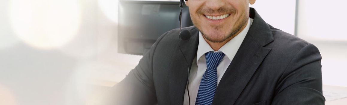 Call center or customer support agent in broaden view panorama banner wearing headset while working at office to support remote customer or colleague on telephone video conference call