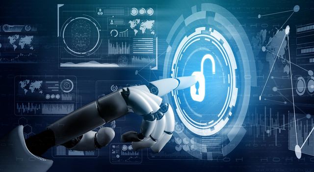 3D Rendering futuristic robot technology development, artificial intelligence AI, and machine learning concept. Global robotic bionic science research for future of human life.
