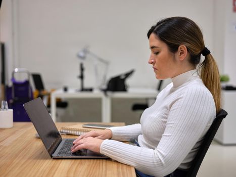 side view of an enterprising woman working with her computer on her desktop, office equipment in the background