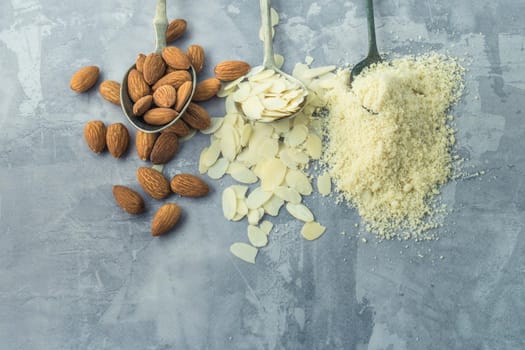 almonds, flakes and flour made from it. top view. High quality photo