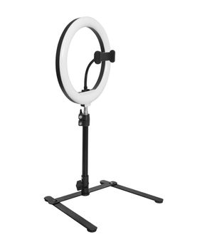 Selfie lamp, ring lamp with tripod and phone mount isolated on white background