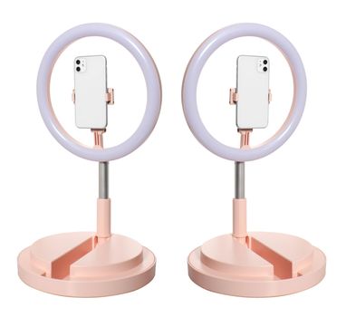 selfie ring lamp with smartphone holder, on stand, isolated on white background