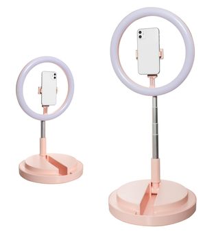 selfie ring lamp with smartphone holder, on stand, isolated on white background