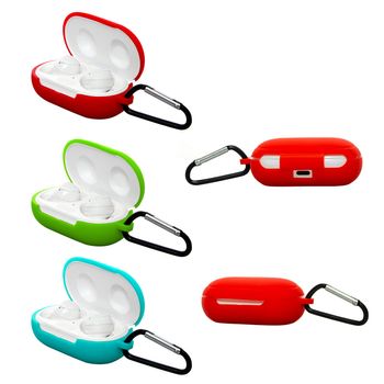 wireless headphones in a silicone case with a carabiner on a white background in isolation collage