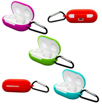 wireless headphones in a silicone case with a carabiner on a white background in isolation collage