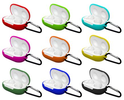 wireless headphones in a silicone case with a carabiner on a white background in isolation collage