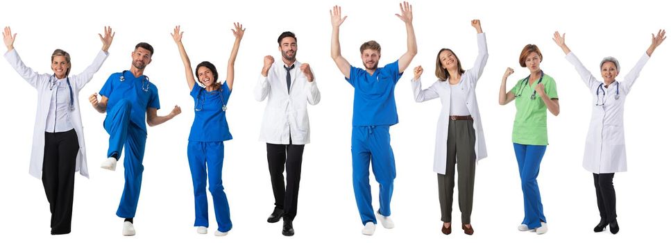 Set collection of full length portraits of happy doctors and nurses medical staff with raised arms isolated on white background