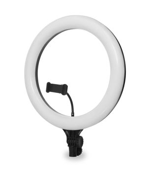 selfie lamp, ring lamp with phone holder isolated on white background
