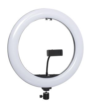 selfie ring lamp with smartphone holder isolated on white background